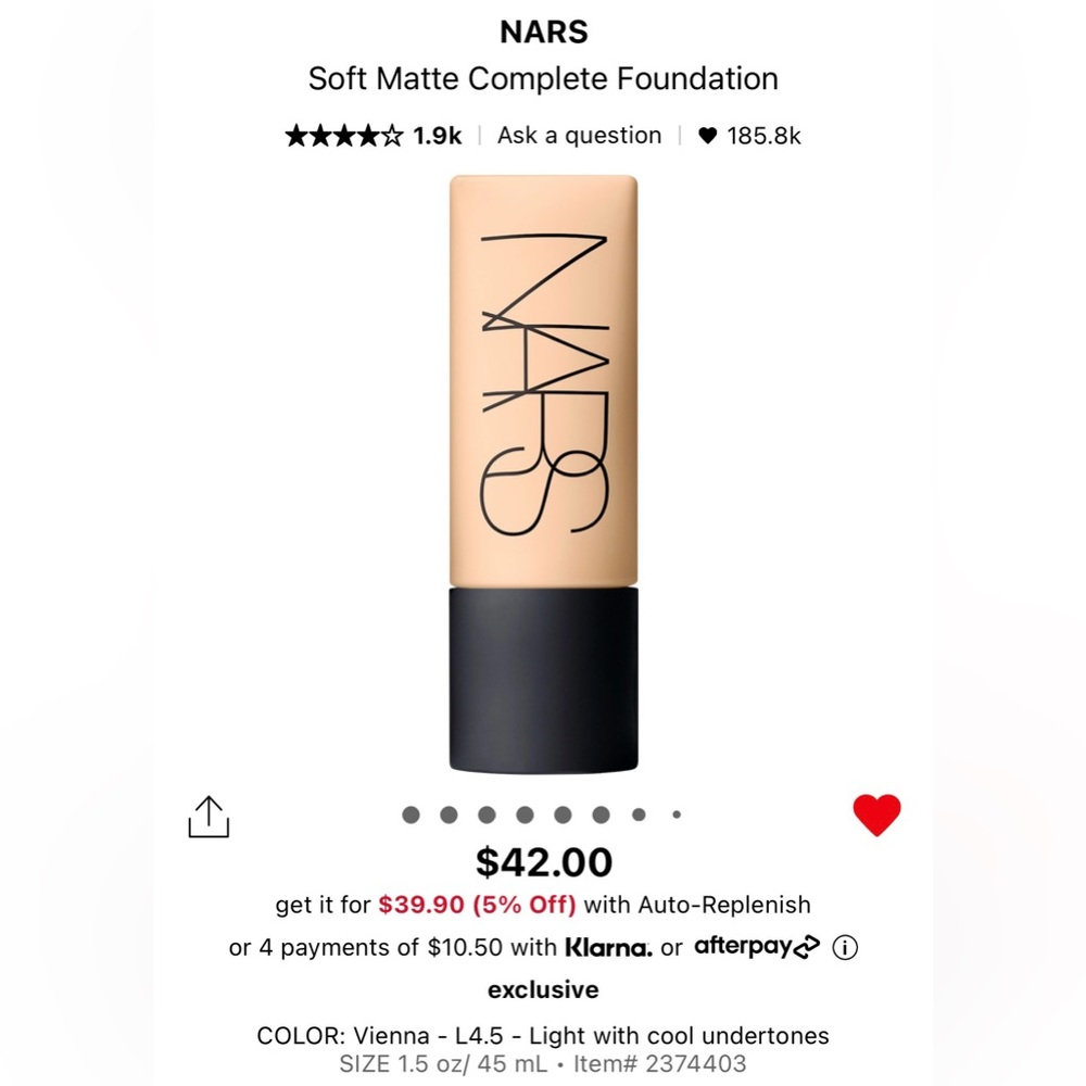 NARS Soft Matte Complete Foundation in Vienna - L4.5 (Brand new, unopened)